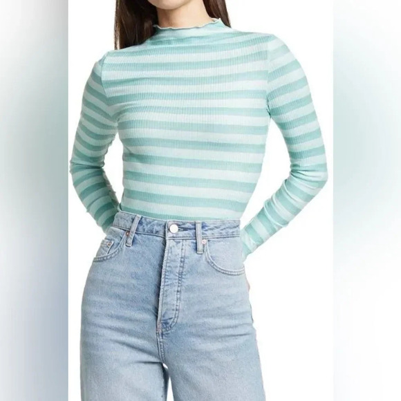 NWT Cali Be Thermal Rib Shirt Long Sleeve Blue stripes Lettuce Neck L - Picture 1 of 6